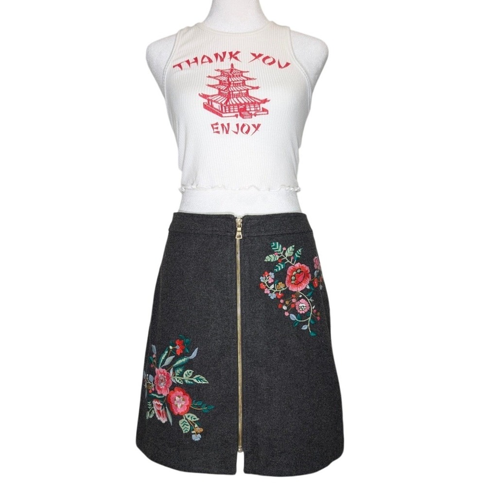 Dark Gray Embroidered Floral Cottagecore Boho Fairy‎ Skirt Front Zip Size 8